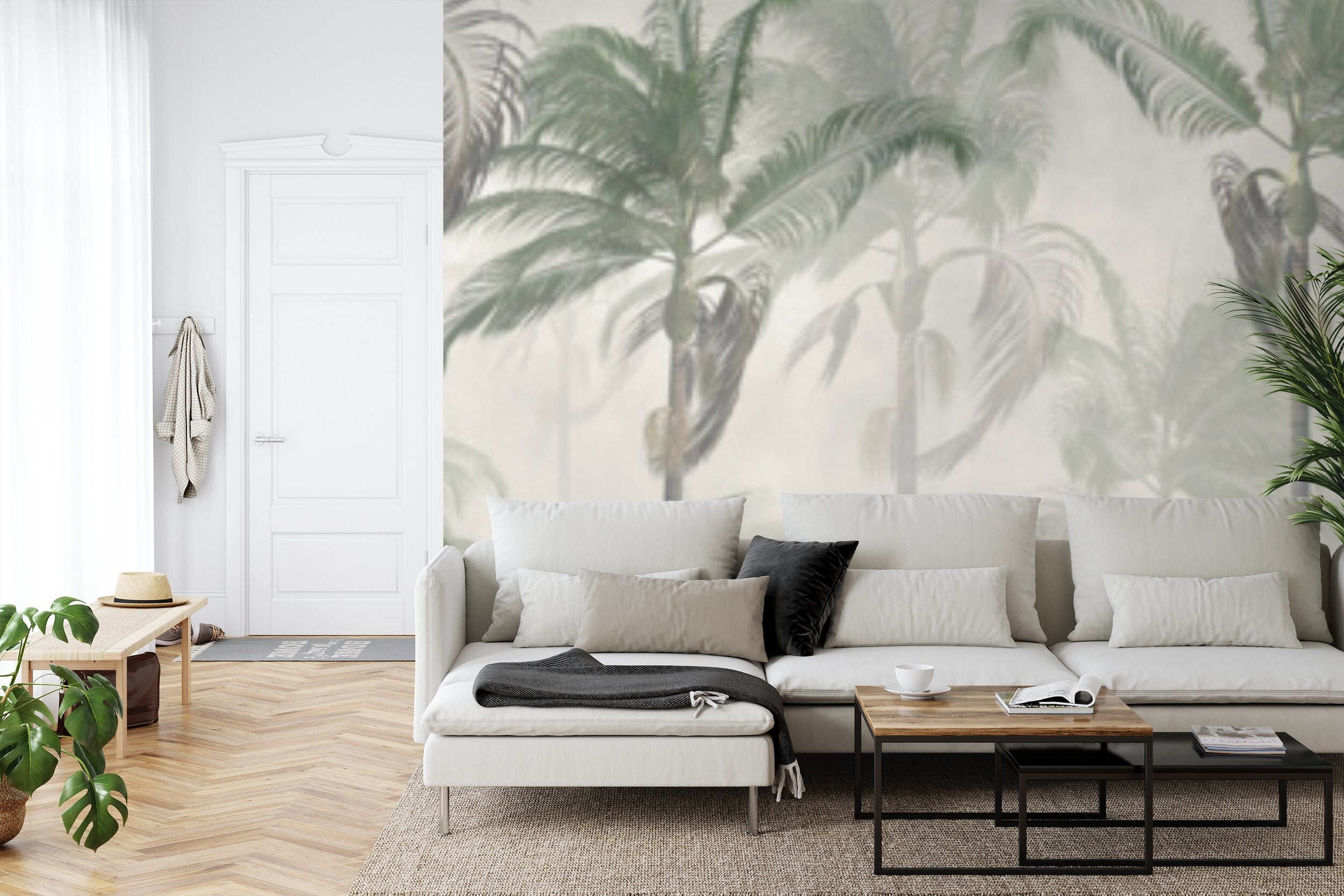 Papier peint panoramique Palmeraie brumeuse — paysage tropical vert amande