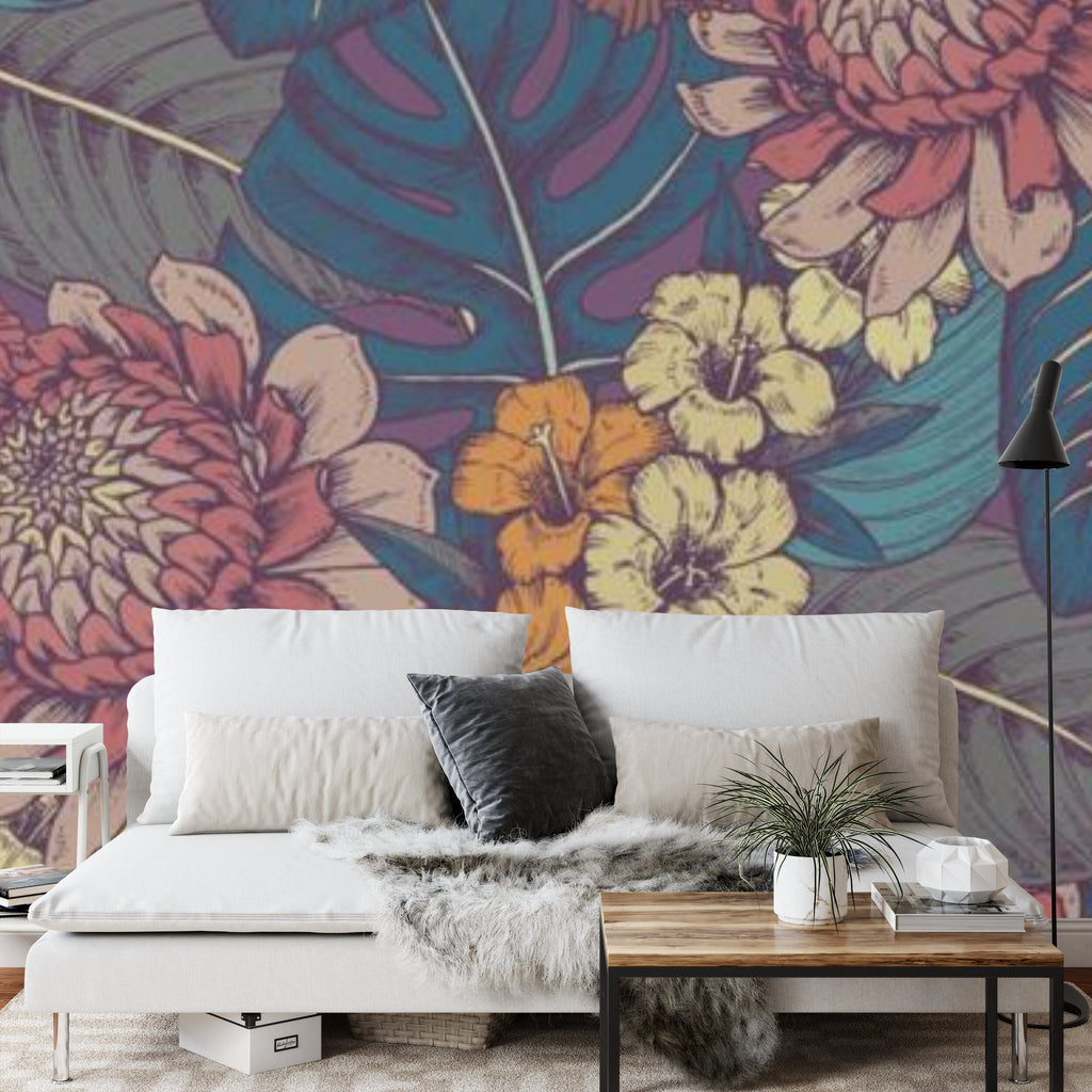 Papier peint panoramique Flore gravée — hibiscus et dahlias, motif tropical