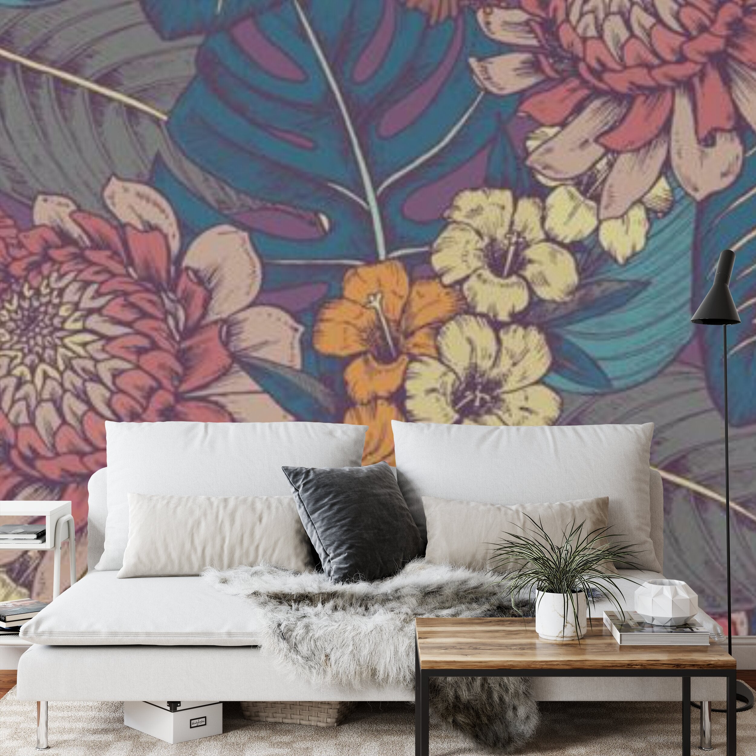 Papier peint panoramique Flore gravée — hibiscus et dahlias, motif tropical