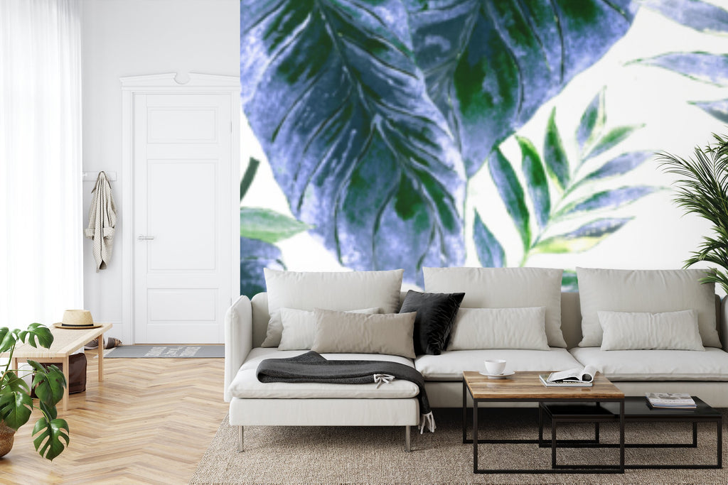 Papier peint panoramique Feuillage indigo — aquarelle bleue sur fond blanc