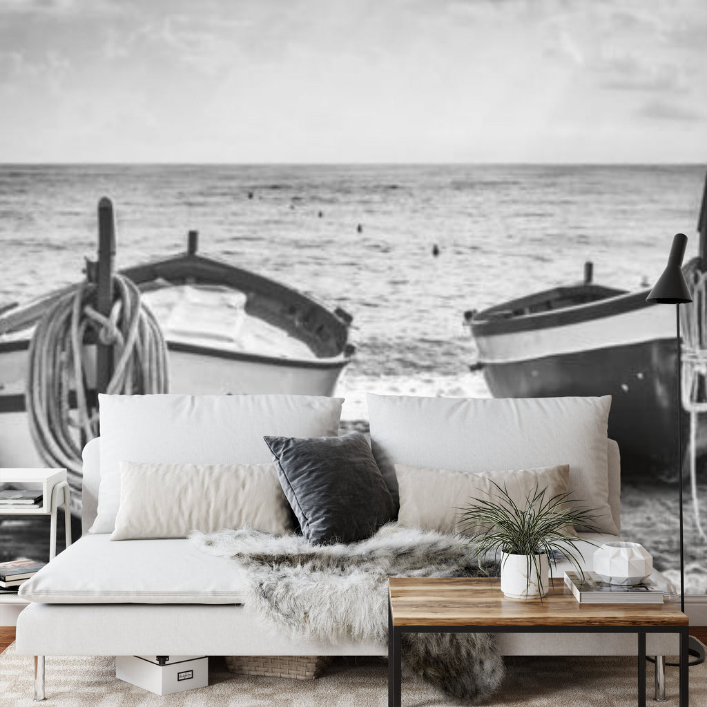 Papier peint panoramique Barques de pêche — paysage marin noir et blanc