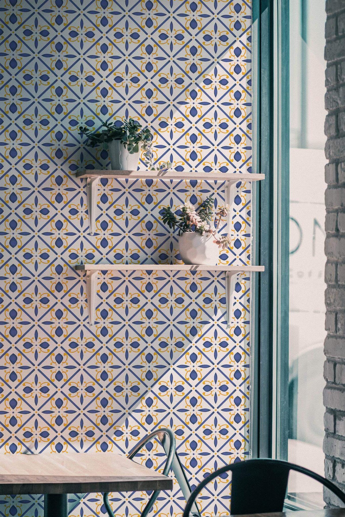 Carreaux Fleuris Bleu et Safran, en situation