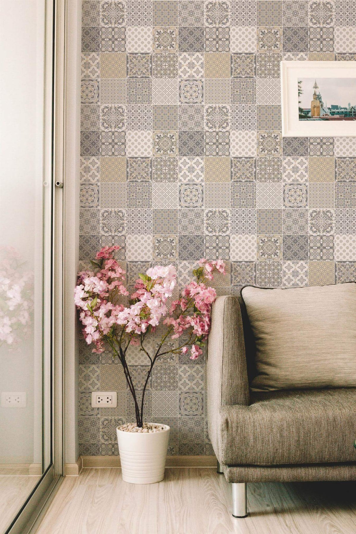 Patchwork de Carreaux Gris et Sable, en situation