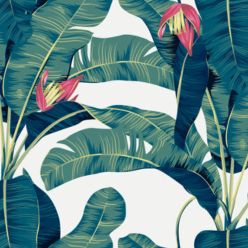Papier peint panoramique Bananiers en fleurs, feuillage tropical vert émeraude