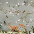 Papier peint panoramique Cerfs et magnolias en fleurs, chinoiserie vert de gris