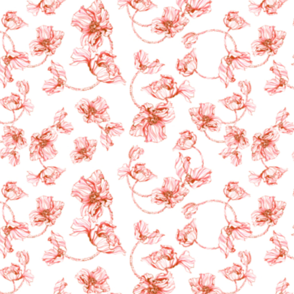 Papier peint panoramique Coquelicots au trait, motif floral corail