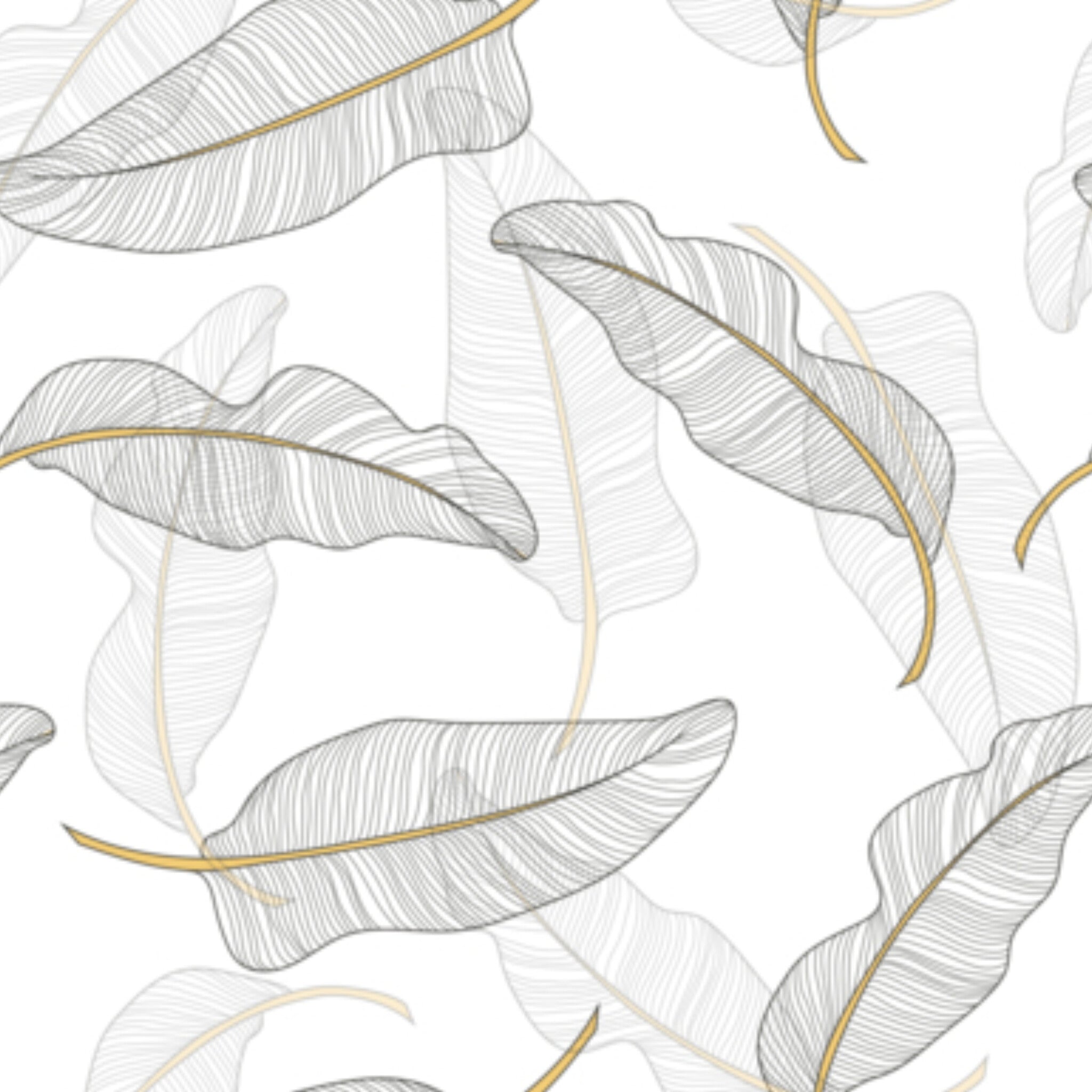 Papier peint panoramique Feuilles au trait doré, motif graphique épuré