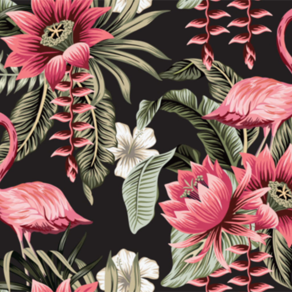 Papier peint panoramique Flamants roses, fleurs tropicales sur fond noir