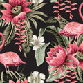 Papier peint panoramique Flamants roses, fleurs tropicales sur fond noir
