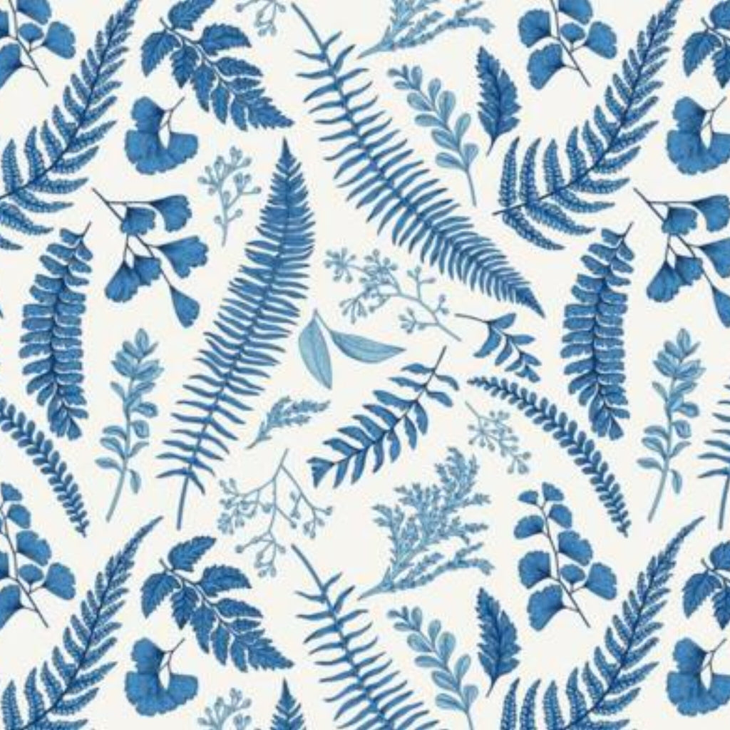 Papier peint panoramique Fougères bleues, herbier gravé sur fond crème