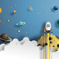 Papier peint panoramique Fusée et planètes, décor enfant sur ciel bleu profond
