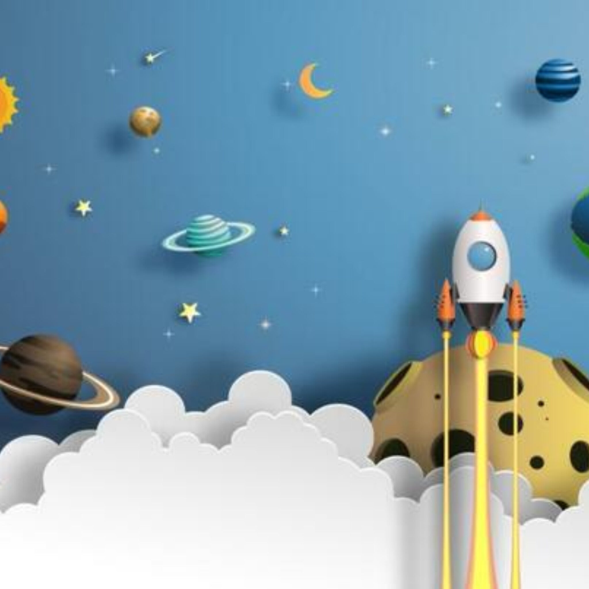 Papier peint panoramique Fusée et planètes, décor enfant sur ciel bleu profond