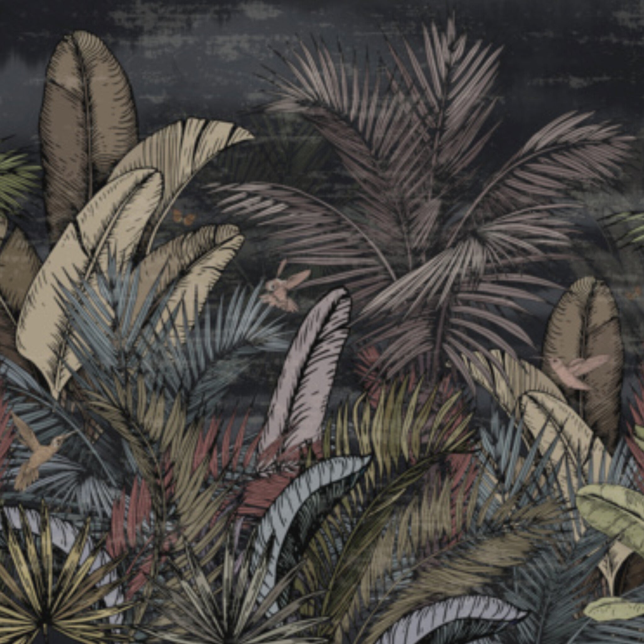 Papier peint panoramique Jungle nocturne, feuillage tropical sur fond anthracite