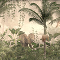 Papier peint panoramique Jungle sépia, éléphant et girafe dans la brume