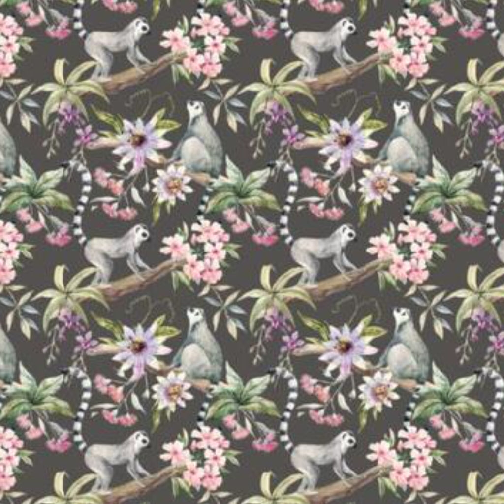 Papier peint panoramique Lémuriens et passiflores, motif tropical animalier
