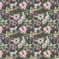 Papier peint panoramique Lémuriens et passiflores, motif tropical animalier