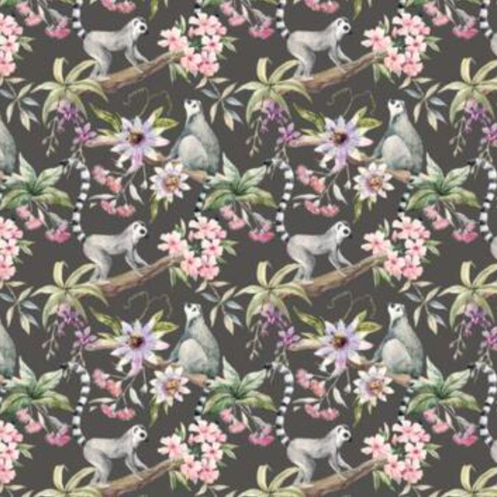 Papier peint panoramique Lémuriens et passiflores, motif tropical animalier