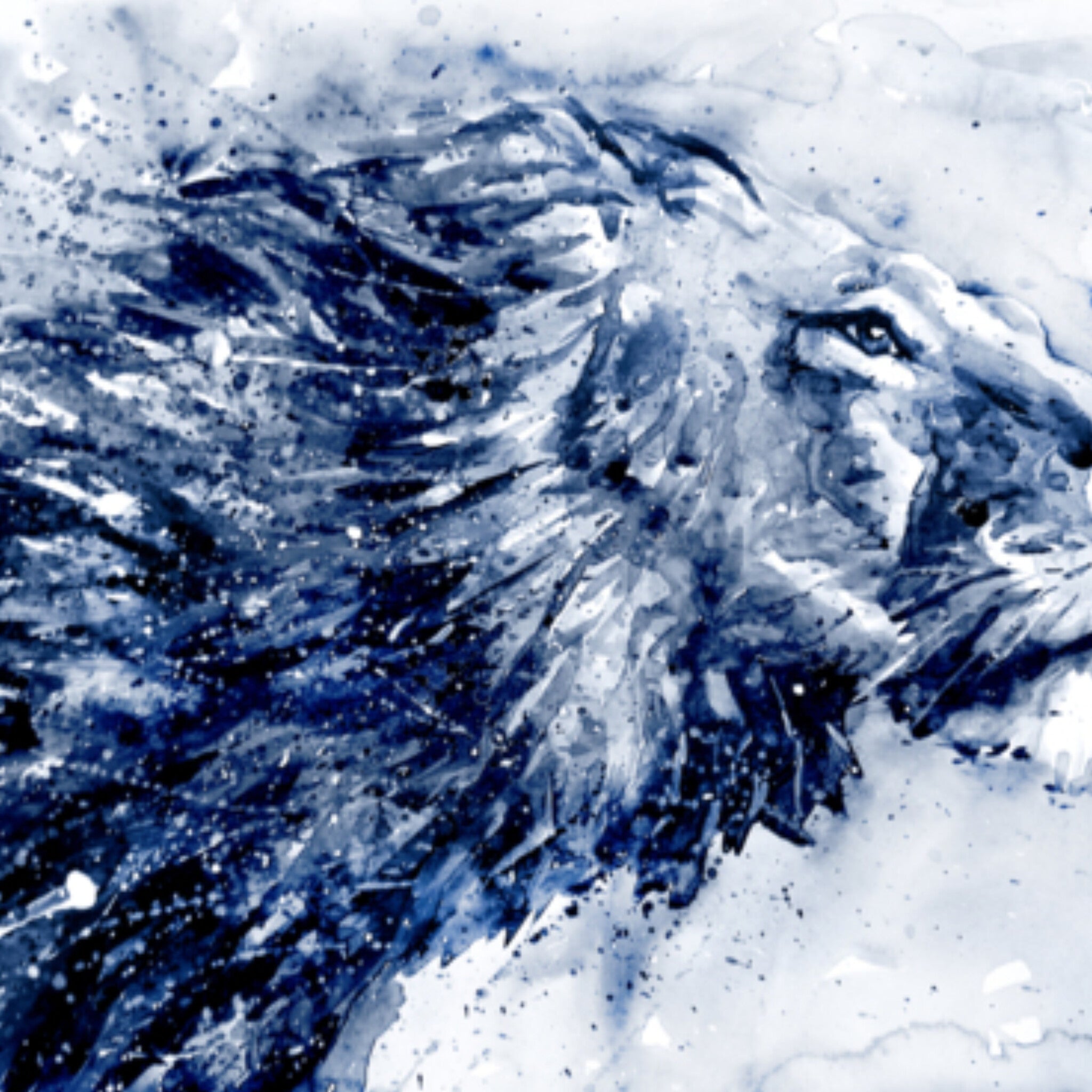 Papier peint panoramique Lion à l'aquarelle, bleu indigo sur fond blanc