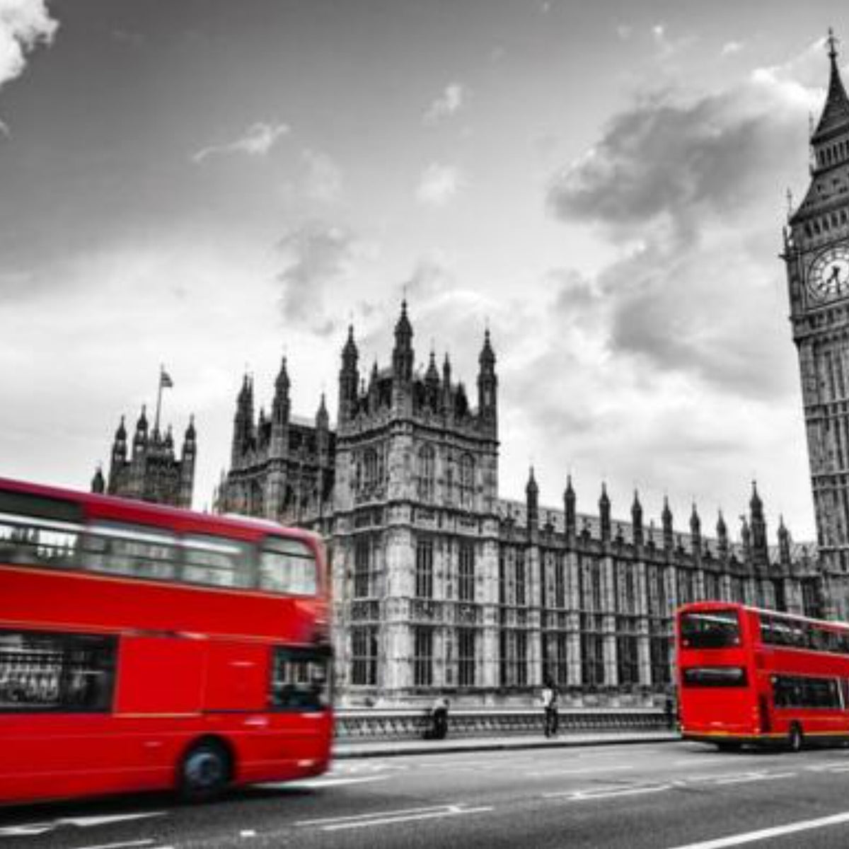 Papier peint panoramique Londres, Big Ben et bus rouges en noir et blanc