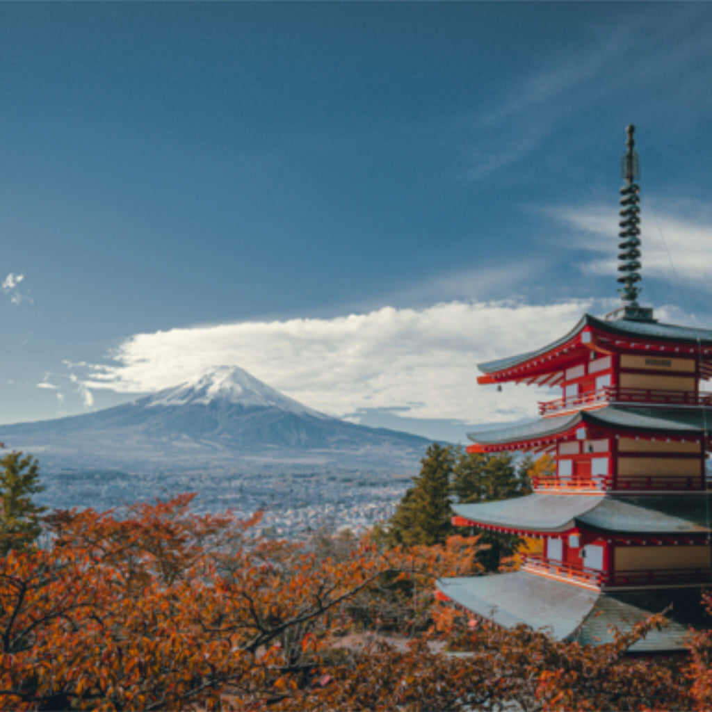 Papier peint panoramique Mont Fuji et pagode, paysage d'automne japonais
