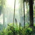 Papier peint panoramique Palmeraie tropicale, jungle vert tendre et brume