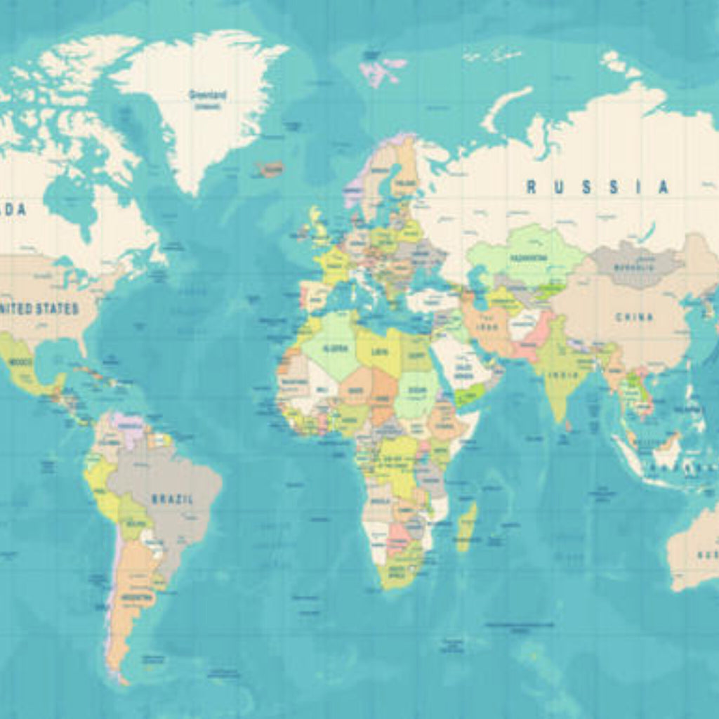 Papier peint panoramique Planisphère vintage, carte du monde bleu pétrole