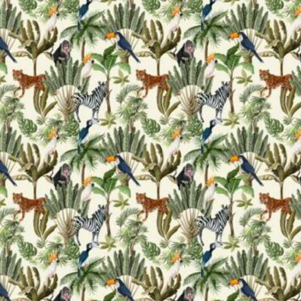 Papier peint panoramique Savane et jungle, zèbres, léopards et toucans
