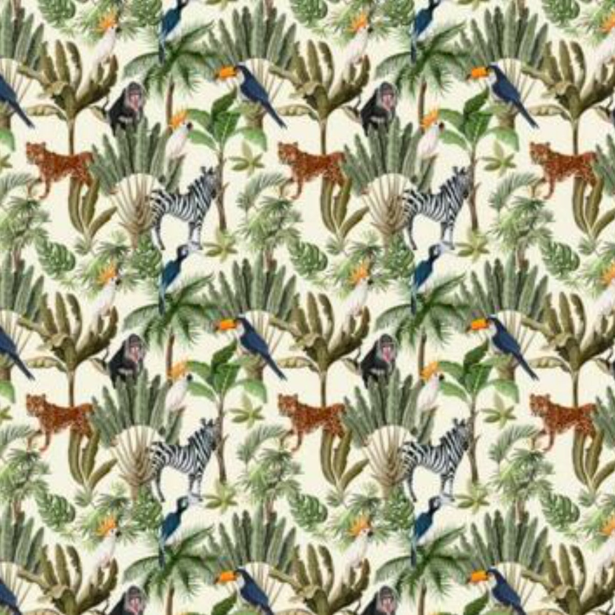 Papier peint panoramique Savane et jungle, zèbres, léopards et toucans