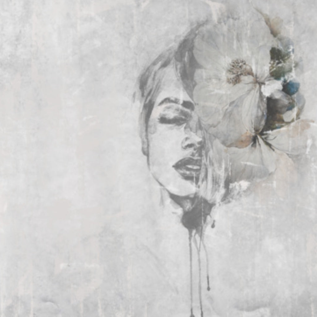 Papier peint panoramique Visage à l'aquarelle, portrait contemporain gris perle