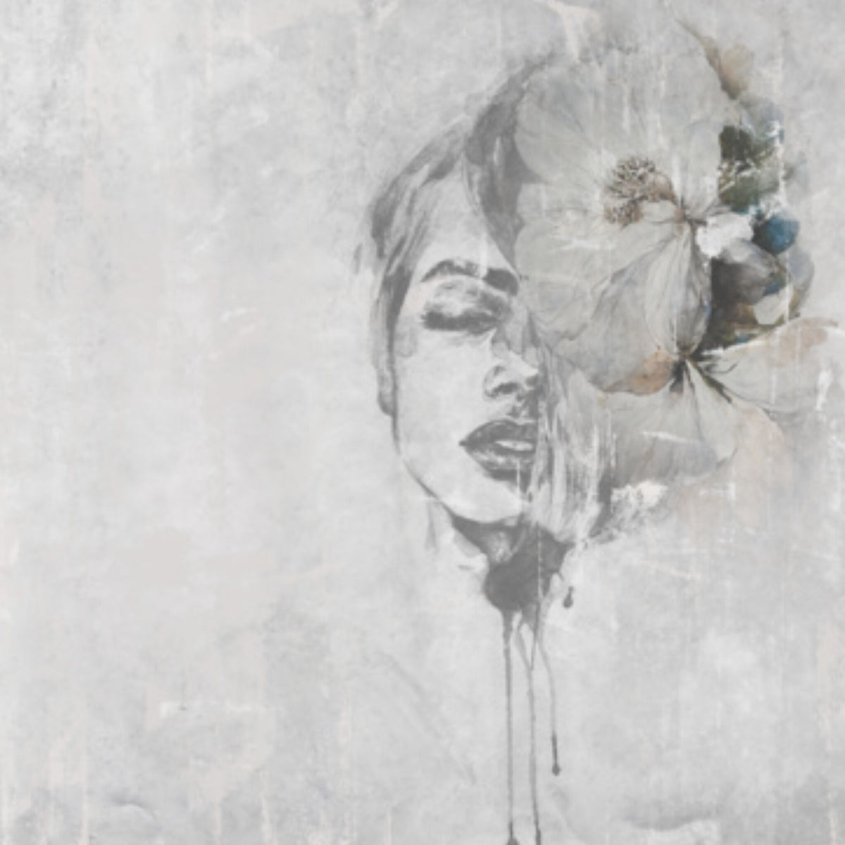 Papier peint panoramique Visage à l'aquarelle, portrait contemporain gris perle